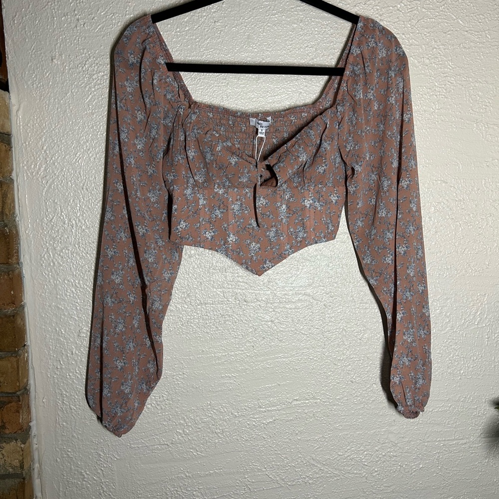 Edit By Nine Smocked Floral Tie-Front Crop Blouse - Mauve/Brown Floral